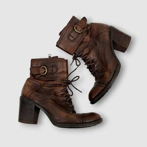 Born Leather Lace-Up Ankle Boots Brown Buckle Zip Chunky Heel Size 9